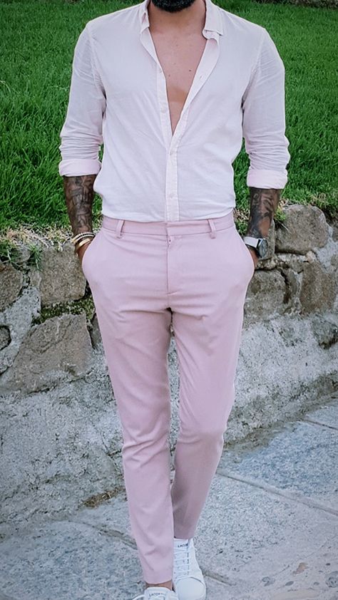 Pink Semi Formal Outfit For Men, Pink And White Mens Outfit, Pink Formal Outfit Men, Pink Pants Outfit Men, Couple Pjs, Dusty Pink Outfits, Prom Outfits For Guys, 22nd Bday, Pink Pants Outfit