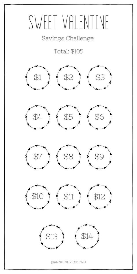 I have created this digital savings challenge so Valentines Day in order to save a total of $105 in the first 14 days of the month of February. This is a digital download only and no physical item will be received. If you have any questions or concerns please feel free to contact me. Thank you for stopping by and supporting my small business and letting me a part of your financial journey. Small Savings Challenge, Saving Money Motivation, Mini Saving Challenge, Saving Coins, Saving Money Chart, Savings Chart, Money Chart, Money Saving Methods, Saving Challenges