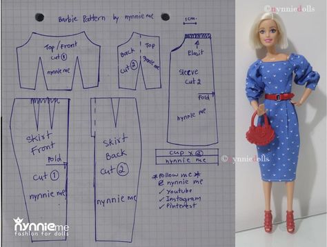 Diy Doll Clothes Patterns, Accessoires Barbie, Barbie Dress Pattern, Dress Barbie Doll, Sewing Barbie Clothes, Barbie Sewing Patterns, Barbie Wardrobe, Barbie Doll Clothing Patterns, Diy Barbie Clothes