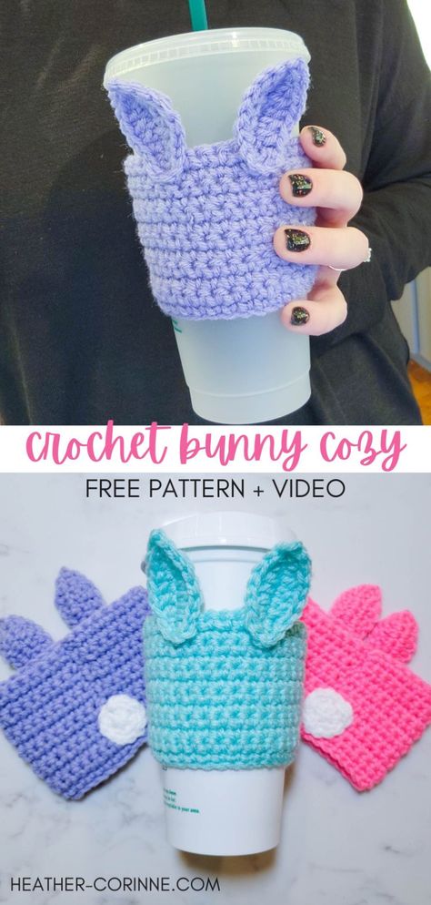 Pinterest graphic for the Crochet Bunny Cozy. Top image: Hand holding the light jasmine cozy on a venti ice coffee mug. Bottom image: three cozies in three colors: Purple, blue and pink. Crochet Koozie, Easter Crochet Patterns Free, Cup Cozy Pattern, Crochet Easter Basket, Crochet Mug Cozy, Crochet Coffee Cozy, Crochet Cup Cozy, Bunny Amigurumi, Cozy Crochet Patterns