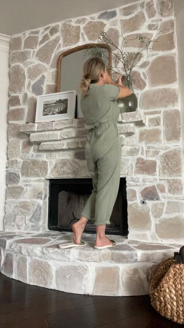 White Wash Faux Stone Fireplace, Stone Fireplace With Stone Mantle, Big Rock Fireplace, Lighten Stone Fireplace, Diy White Wash Stone Fireplace, 90s Stone Fireplace Makeover, How To White Wash Stone Fireplace, How To Whitewash Stone Fireplace, Whitewash Stone Exterior