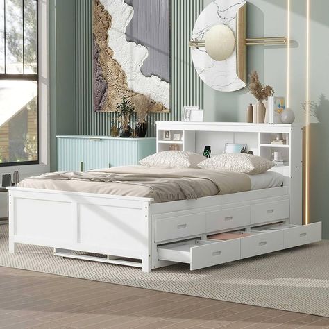 Amazon.com: Bellemave Twin Size Bed with Trundle and Drawers, Twin Storage Bed with Bookcase Headboard, USB Ports Outlets, Wood Twin Bed Frames for Kids Teens Adults - White : Home & Kitchen Full Bed With Storage, Full Size Platform Bed, Wood Platform Bed Frame, Storage Headboard, Wooden Platform Bed, Full Platform Bed, Modern Platform Bed, Bookcase Headboard, Full Bed Frame