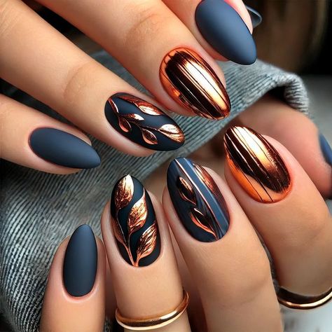 nailart#winternail#fallnail#charistmasnail#thanksgiving nails Fall Nails Turquoise, Nail Art Designs Autumn 2024, Jelly Roll Nails, Dark Blue Fall Nail Designs, Foil Fall Nails, Fall Nails With Gold Foil, Navy Autumn Nails, Fall Jewel Tone Nails, November Nails Fall Matte