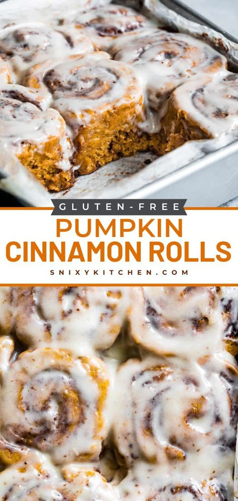 Learn how to make Gluten-Free Pumpkin Cinnamon Rolls for the best brunch idea or a yummy breakfast idea! This easy pumpkin recipe has a generous slather of cream cheese glaze on top! It also makes an easy Fall baking recipe! Cinnamon Rolls Homemade Overnight, Easy Fall Baking, Gluten Free Cinnamon Rolls, Fall Baking Recipes, Pumpkin Cinnamon Rolls, Pumpkin Recipe, Cream Cheese Glaze, Cinnamon Rolls Homemade, Gluten Free Sweets