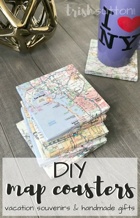 DIY Map Coasters Vacation Souvenirs {Handmade Gifts}; Thoughtful gift tutorial for Christmas, Grandparent's Day, Birthdays, Weddings, Mothers & Fathers Day. TrishSutton.com Map Coasters Diy, Diy Paper Crafts Ideas, Diy Souvenirs, Gift Tutorial, Diy Map, Map Coasters, Map Crafts, Upcycled Gifts, Handmade Gifts Diy