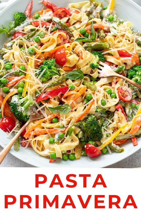 Vegetable Pasta Primavera with Cream Sauce Pasta Primavera Sauce, Italian Pasta Dinner, Spaghetti Primavera, Best Italian Pasta, Creamy Pasta Primavera, Chicken Primavera Pasta, Primavera Recipe, Pasta Primavera Recipe, Creamy Parmesan Sauce