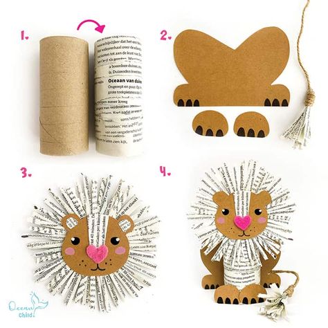 Lion newspaper craft, with only recycled materials! - Ocean Child Crafts Lion Craft, Newspaper Craft, January Crafts, Art And Craft Supplies, Toilet Paper Crafts, Ideas For Easter Decorations, Toilet Paper Roll Crafts, Newspaper Crafts, Animal Crafts For Kids