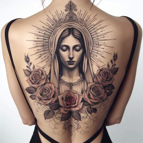 Virgen De Guadalupe Tattoo Ideas Back, Saint Rita Tattoo, Catholic Back Tattoo, Virgin Mary Back Tattoo Women, Milagros Tattoo, Mary Magdalene Tattoo, White Hand Tattoo, Virgin Mary Tattoo For Women, Immaculate Heart Of Mary Tattoo