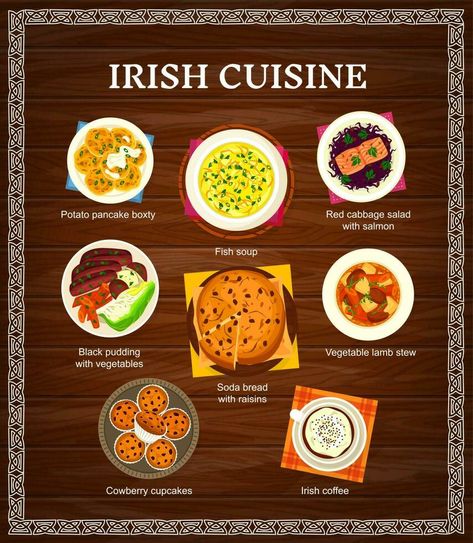 Irish cuisine vector menu with Ireland dishes Dublin Ireland Food, Red Cabbage Salad, Ireland Food, Irish Dishes, Irish Cuisine, Irish Food, Black Pudding, Lamb Stew, Salmon Fish