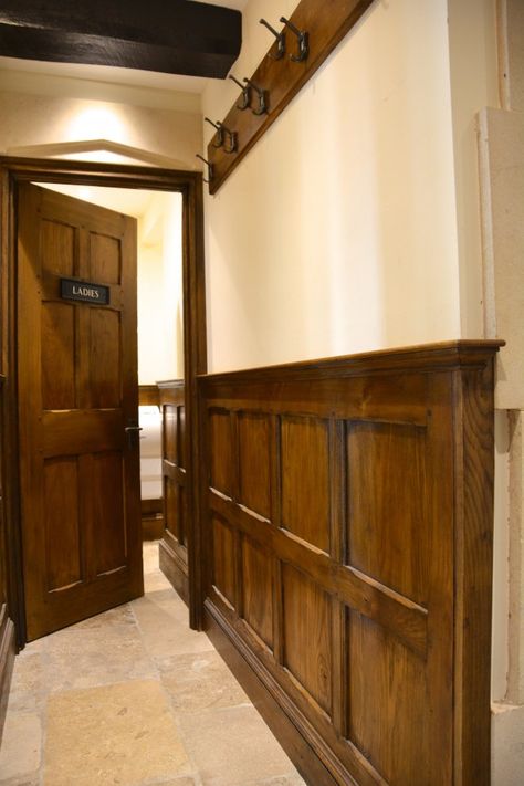 solid oak dado height panelling and solid oak panelled door Tudor Wall Paneling, Wainscoting Color Schemes, Wall Wooden Panelling, Wood Panel Office, Wooden Panelling Walls, Wooden Panel Wall, Oak Panelling, Wall Design Home, Wood Panneling