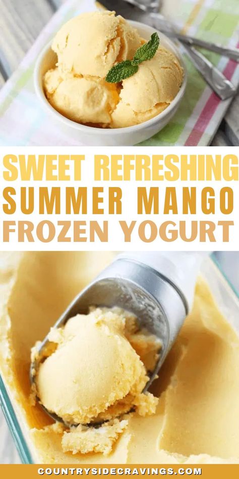 Mango Frozen Yogurt takes only 5 minutes and 4 simple ingredients to create a healthy, fruity treat to satisfy your summer cravings. Mango Frozen Yogurt Recipe, Mango Frozen Yogurt, Frozen Yogurt Recipe, Mango Ice Cream Recipe, Frozen Yogurt Recipes, Creami Recipes, Fruity Treats, Mango Ice Cream, Yogurt Recipe