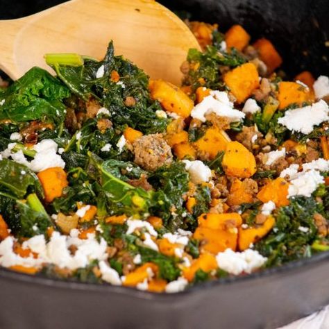 Ground Turkey Skillet with Sweet Potato, Kale and Goat Cheese - Jawns I Cooked Ground Turkey And Sweet Potato Recipe, Kale And Goat Cheese, Ground Turkey Skillet, Ground Turkey Sweet Potato, Sweet Potato Skillet Recipes, Turkey Skillet, Turkey Chops, Turkey Sweet Potato, Sweet Potato Skillet