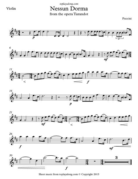 Nessun Dorma from Turandot by Puccini. Free sheet music for violin. Visit toplayalong.com and get access to hundreds of scores for violin with backing tracks to playalong. Violin Notes, Recorder Sheet Music, Free Violin Sheet Music, Alto Saxophone Sheet Music, Sheet Music With Letters, Nessun Dorma, Cello Sheet Music, Trumpet Sheet Music, Classical Sheet Music