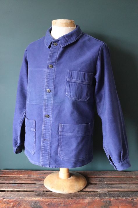 A French blue moleskin work jacket, dating from the 1960s. Noted flaws - some fraying at the inner right sleeve seam, light mark on the back of the left sleeve, lowermost button is a replacement - please see photos. Freshly laundered, deep blue colour, no labels, rounded collars, single chest pocke 2020s Fashion, Checked Jacket, City Outfits, Work Jacket, French Blue, Work Jackets, Blue Colour, Moleskine, Trouser Pants