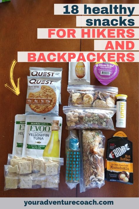 Have you ever actually read the list of ingredients in many common hiking and backpacking snacks? Or checked how many grams of sugar is in each thing you eat throughout the day? Wowza! Many typical hiking snacks are loaded with overly processed ingredients, or have lots of added sugar, or both! Check out this master list of healthy hiking snacks if you're ready to upgrade your old granola bars and candy. Backpacking Snacks Hiking, Healthy Backpacking Snacks, Hiking Dinner Ideas, Healthy Hiking Food, Healthy Backpacking Meals, Day Hike Snacks, Best Hiking Snacks, Hiking Snacks Ideas, Hiking Snacks Healthy