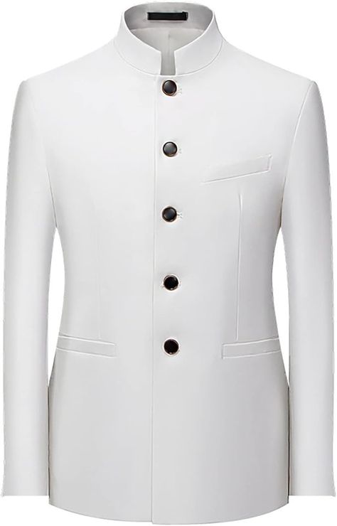 Men's Chinese Tunic Suits Mandarin Collar Formal Jacket Slim Fit Front Button Blazer Traditional Uniform Groom Dress White at Amazon Men’s Clothing store Wine Red Jacket, White Tuxedo Jacket, Long Suit Jacket, Blazers For Men Casual, White Uniform, Black Suit Men, Formal Coat, Black Jean Jacket, Formal Jacket