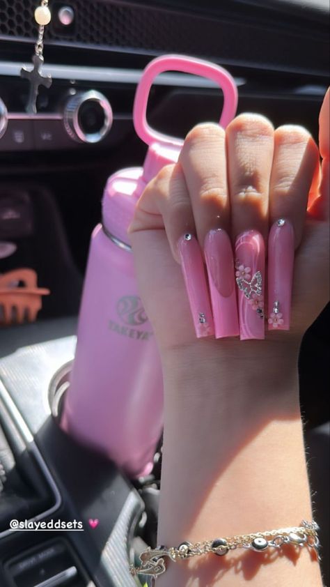 Bougie Pink Nails, Pink Nail Sets Long, Pink Nail Sets, Kylie Nails, Tapered Square Nails, Acrylic Toe Nails, Spring Acrylic Nails, Hard Nails, Long Acrylic Nail Designs