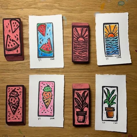 I love the way @worksbycherylann painted in her pink eraser carvings! If you use archival ink and allow it to fill dry it does become… | Instagram Small Printmaking Ideas, Rubber Eraser Stamps, Carved Eraser Stamps, Eraser Carving Handmade Stamps, Pink Eraser Art, Eraser Stamps Diy, Making Stamps Diy, Pink Eraser Linocut, Relief Printmaking Ideas