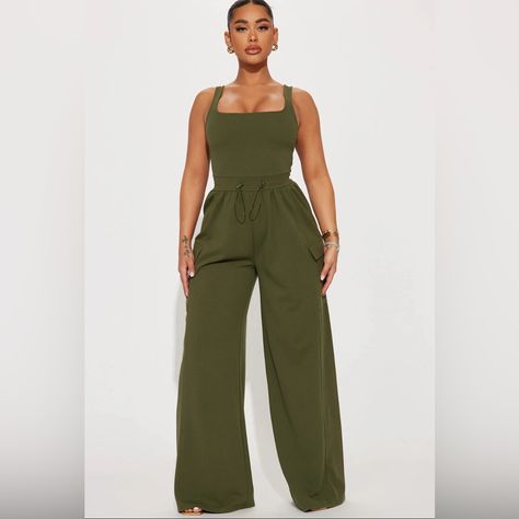 Classy And Comfortable! Adjustable Waist, Flare Leg Pants, Square Neck, Sleeveless Cargo Jumpsuit Outfit, Tan Jumpsuit, Olive Jumpsuit, Cargo Jumpsuit, Fashion Nova Jumpsuit, Olive Fashion, Sweater Jumpsuit, Fashion Nova Pants, Swimming Outfit