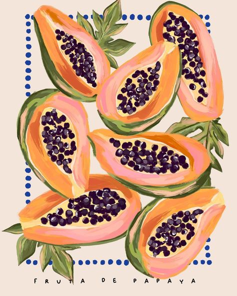 Liz✨Print & Pattern Designer | I Can honestly say I don’t think I’ve ever eaten a papaya in my life, but that doesn’t stop them from being one of my favourite things to… | Instagram Papaya Art Print, Fruit Illustration Art, Papaya Painting, Papaya Illustration, Papaya Print, Papaya Art, Vibe Board, Things To Draw, My Favourite Things