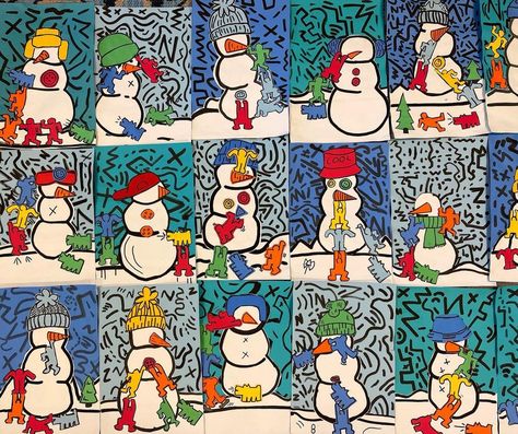 Katie Gray on Instagram: “Oh my😍cannot handle how these turned out!!! My 4th grade artists knocked their Keith Haring Snowman out of the park. Zoom in to see all the…” Art Elementary, Spark Art, Holiday Art Projects, Winter Art Lesson, Elementary Art Rooms, Elementary Lessons, Christmas Art Projects, Winter Projects, 2nd Grade Art