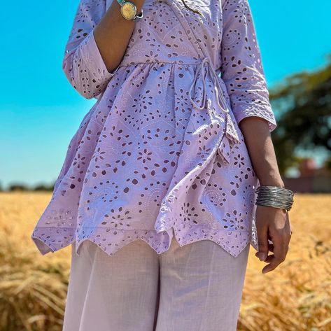 (use promo nj101 for 15% discount on website 😍) Collection: Noor o Shams 🌙 Article: Burnished lilac 💜 This beautiful chikankari angrakha short frock with culottes having side pockets is mesmerizing. Cute pair giving modern yet traditional vibes. The model is wearing a large size. You can style these in many other ways as well with jeans😍 Your style is our priority ❤️ Angrakha Short Frock, Chikankari Angrakha, Short Frock, The Model, Large Size, Lilac, How To Wear, Quick Saves