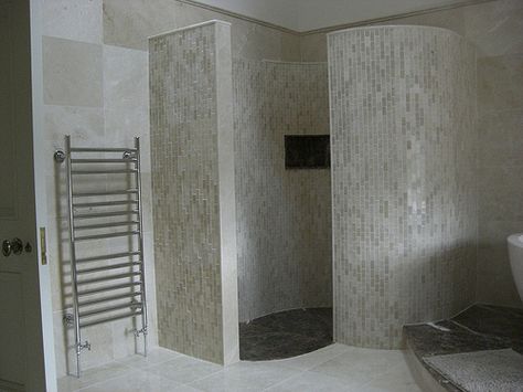 Bespoke Snail Shower Surround in Noce Random Length Mosaic with Marron Showertray and built in shelf | Flickr - Photo Sharing! Shower Curbless, Daydream Believer, Adobe Home, Walk In Shower Designs, New Bathroom Ideas, Shower Designs, Designer Bathroom, Mortgage Broker, Master Shower