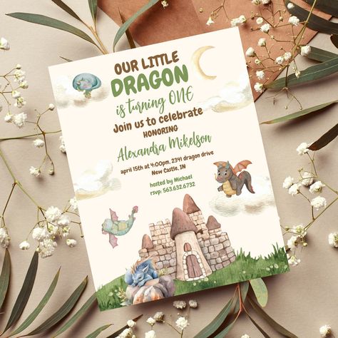 Cute Watercolor Dragon Baby 1st Birthday Invitation Dragon Themed Birthday Party, Whimsical Dragon, Whimsical Birthday, Colorful Dragon, Dragon Birthday Parties, Dragon Birthday, Dragon Party, 1st Birthday Invitation