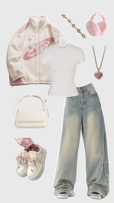 Pastel Jacket Outfit, Cloudy Outfit Ideas, Cloudy Outfit, Y2k Streetwear Outfits, Winter Outfits Pink, Korean Winter Outfits, Cute Winter Outfit, Korean Winter, Simple Style Outfits