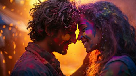 Happy couple puts paint on their faces during Holi celebration. indian holi festival Retro Couple, Party Couple, Holi Party, Pascal Campion, Holi Celebration, Holi Festival, Happy Couple, The Happy, For Free