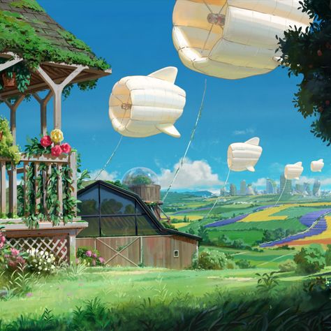 Fish-like balloon structures float above countryside Dear Alice, Solar Punk, Line Animation, Arte Punk, Punk Art, Fantasy Art Landscapes, Fantasy Concept Art, 2d Animation, 판타지 아트