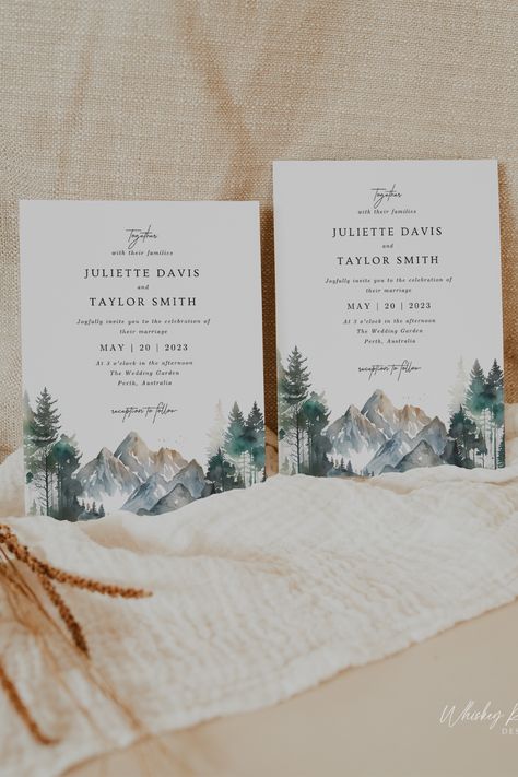 Pine Forest Mountain Wedding Invitation Template Set comes with an RSVP card & Postcard with QR Code, Invitation, Save The Date, Evite and Thank You Card. Instant download, edit yourself and print at home or through a professional printer. Instructions Included. Mountain Wedding Invitation, Wedding Invitation Rustic, Wedding Forest, Wedding Invitation Templates Rustic, Mountain Wedding Invitations, Forest Mountain, Digital Wedding Invitations, Invite Template, Digital Weddings