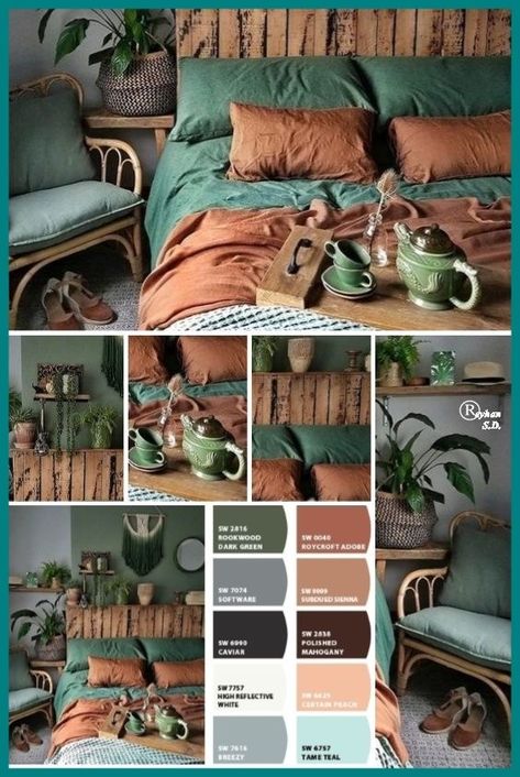 Deep Green Boho Bedroom, Cool Earthy Bedroom, Copper Sheets Bedroom, Earth Color Bedroom Ideas, Best Bedroom Color Palette, Earth Tone Bedroom Palette, Chocolate Brown Color Palette Bedrooms, Earth Bedroom Decor, Earthy Room Color Palette