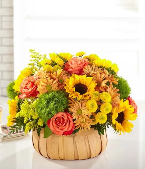 Funeral Flowers | Funeral Flower Arrangements 2 Sunflower Basket, Sunflowers Roses, Sympathy Plants, Apple Basket, Thanksgiving Flowers, Fall Centerpieces, Flower Factory, Thanks Giving, Sympathy Flowers