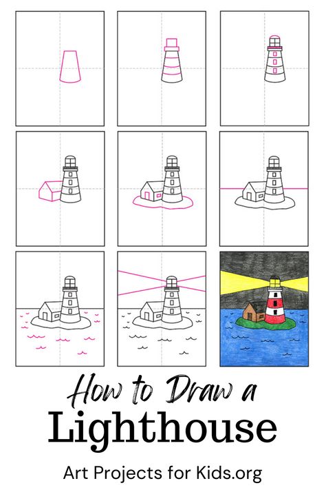 Inside you'll find an easy step-by-step How to Draw a Lighthouse Tutorial. Stop by and download yours for free. #howtodraw #artprojectsforkids #lighthouse How To Draw Lighthouse, How To Draw A Lighthouse, Lighthouse Drawing Simple, Kids Drawing Ideas Step By Step, Draw A Lighthouse, Lighthouse Craft, Lighthouse Drawing, Art Therapy Projects, 6th Grade Art