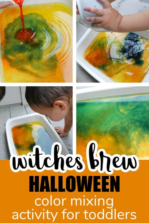 This color mixing activity is great fun for preschoolers and toddlers because it involves a lot of messy, water play! But it also makes for a fun Halloween activity as your kids stir up their own witches brew. Witches Brew Preschool Activity, Whole 30 Vegan, Colored Ice Cubes, Witches And Warlocks, Activity For Preschoolers, Halloween Activity, Homemade Costumes, Halloween Crafts For Kids, Preschool Activity