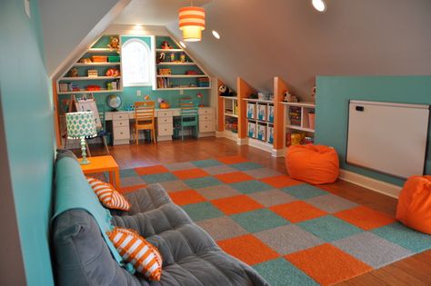 Design your attic and other small awkward spaces to make an additional room in your home. Here are some ideas... Colorful Playroom, Attic Playroom, Childrens Playroom, Playroom Design, Attic Storage, Attic Renovation, Attic Remodel, Bonus Rooms, Attic Rooms