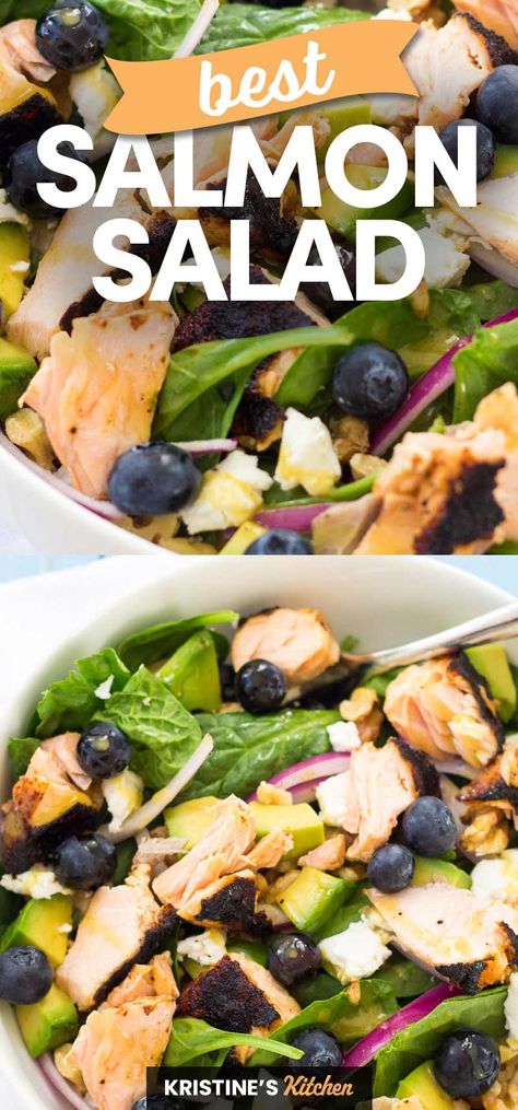 Healthy Salmon Salad with spinach, avocado and blueberries! One of our favorite recipes to enjoy grilled salmon! This cold salad is perfect for summer. #salmonsalad #salmon Salmon Blueberry Salad, Salad With Canned Salmon, Spinach And Salmon Salad, Salmon Salad Recipes Dressing, Grilled Fish Salad, Salmon Romaine Salad, Spinach Salad With Salmon, Spinach Salmon Salad, Salmon On Salad Recipes