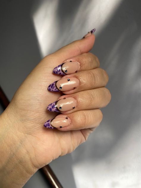 Leopard print and rhinestones Pink And Purple Leopard Nails, Purple Cheetah Print Nails, Purple Leopard Print Nails, Purple Leopard Nails, Purple French Tip, Purple French, Cheetah Print Nails, Cheetah Nails, Purple Leopard Print