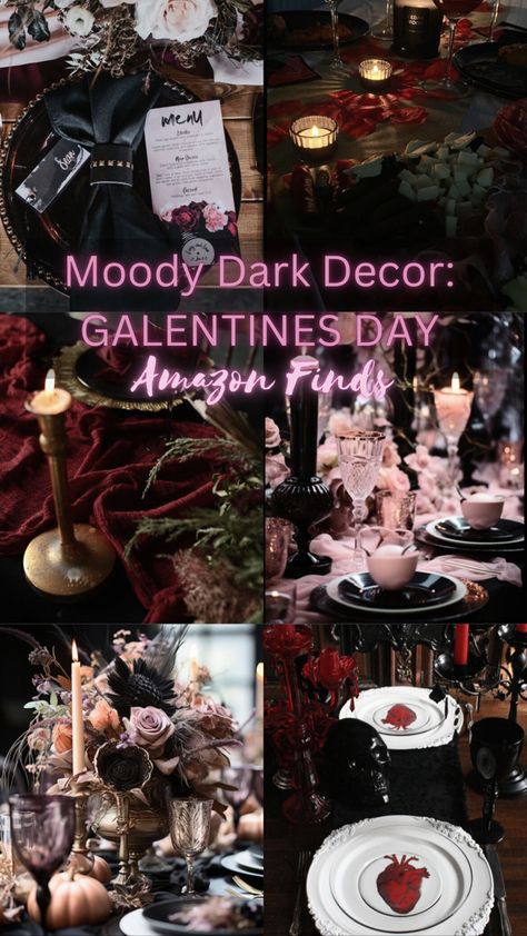 This valentines day, make it a dark Moody one! Best Amazon decor finds linked below. Dark Valentines Decor, Goth Galentines, Moody Valentines Day Decor, Gothic Valentines Day Decor, Moody Valentines Day, Dark Tea Party, Dark Valentines Aesthetic, Dark Valentines, Black Valentines Day