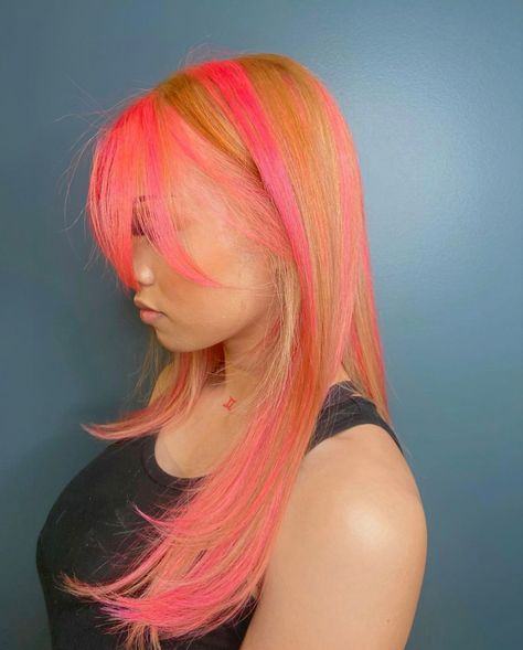 Light Pink And Ginger Hair, Ginger Blonde And Pink Hair, Pink And Honey Blonde Hair Black Women, Ginger With Pink Highlights, Blonde And Colored Hair, Ginger Pink Hair, Ginger And Pink Hair, Orange And Pink Hair, Pink Orange Hair