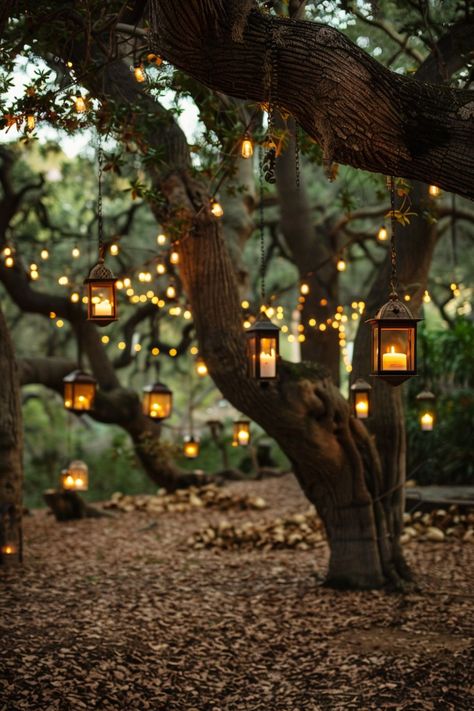 Magical Woodland Wedding, Small Forest Wedding, Lanterns In Trees, Tree Decor Wedding, Whimsical Forest Wedding, Woodland Fairy Wedding, Woodland Wedding Theme, Magical Forest Wedding, Tree Wedding Ceremony