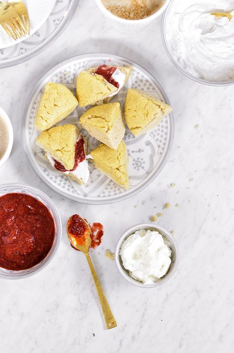 sweet laurel scones with coconut creme fraiche and sweet berry jam recipe Paleo Scones, Berry Jam Recipe, Sweet Laurel, Mixed Berry Jam, Coconut Creme, Grain Free Desserts, Berry Jam, Homemade Donuts, Gluten Free Sweets