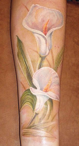 Flower Tattoos White Calla Lily Tattoo, Cali Lilly Tattoo, Calilily Tattoo, Calalilly Tattoos, Realistic Lily Tattoo Design, Realism Lily Tattoo, Calle Lily Tattoo, Watercolor Calla Lily Tattoo, Watercolor Tattoo Flower Lily