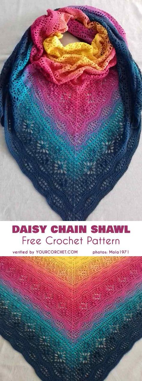 Daisy Chain Shawl Free Crochet Pattern Poncho Au Crochet, Crochet Shawl Free, Crocheted Shawl, Beau Crochet, Confection Au Crochet, Crochet Shawl Pattern Free, Crochet Shawls And Wraps, Shawl Knitting Patterns, Shawl Patterns