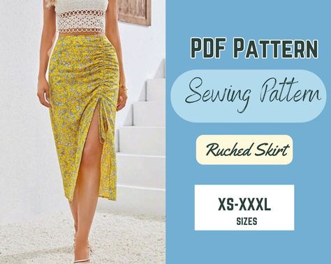 Split Skirt Pattern, Long Bodycon Skirt, Ruched Midi Skirt, Drawstring Skirt, Skirt Sewing Pattern, Skirt Sewing, Skirt Tutorial, Beginner Sewing, Ruched Skirt