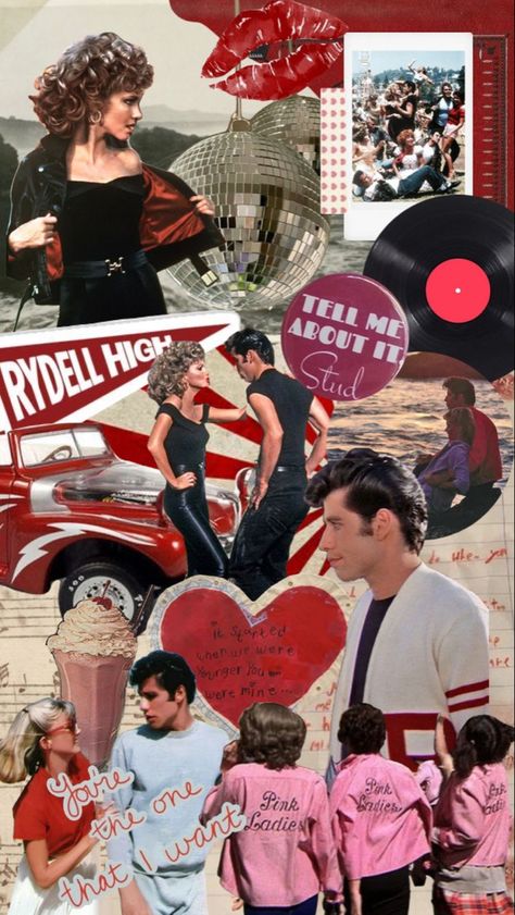 Grease Astethic, Grease Wallpaper Aesthetic, Grease Background, Grease Movie Outfits, Grease Collage, Grease Movie Aesthetic, Grease Wallpapers, Grease Aesthetics, Grease Poster