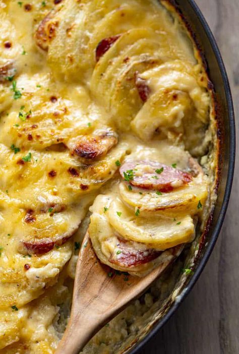 Smoked Sausage And Potato Bake, Potatoes And Smoked Sausage, Smoked Sausage Potatoes, Potato Recipes Crockpot, Andouille Sausage Recipes, Sausage And Potato Bake, Scalloped Potatoes Crockpot, Kielbasa And Potatoes, Potato Rounds