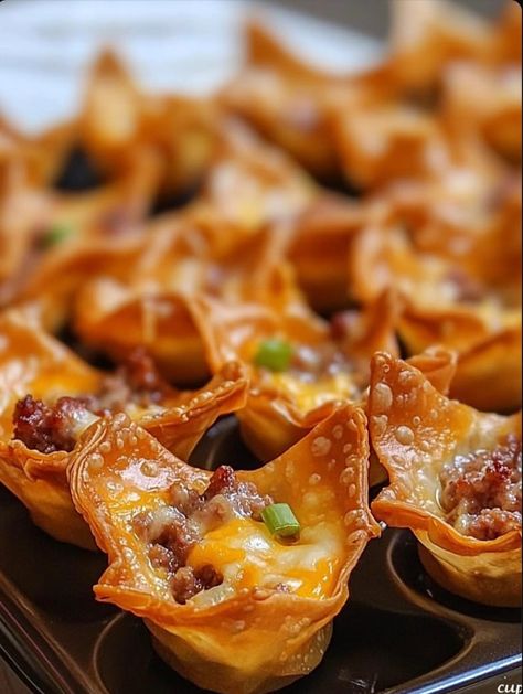 Baked Sausage and Cheese Mini Wontons Sausage Cheese Wonton Bites, Crumbled Sausage And Cream Cheese Wontons, Mini Wiener Recipes, Baked Sausage And Cheese Mini Wontons, Cheesy Sausage Wonton Cups, Sausage And Cheese Wontons, Wonton Cups Appetizers Sausage, Wonton Breakfast Cups, Sausage And Cheese Wonton Bites