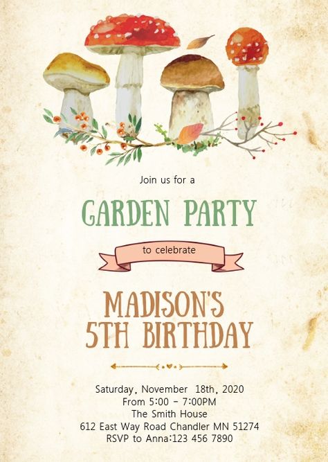 Mushroom Party Invitation, Mushroom Birthday Invitation, Mushroom Party Theme, Enchanted Forest Birthday Invitations, Mushroom Party Ideas, Mushroom Theme Party, Mushroom First Birthday, Cottagecore Birthday Party, Mushroom Invitation